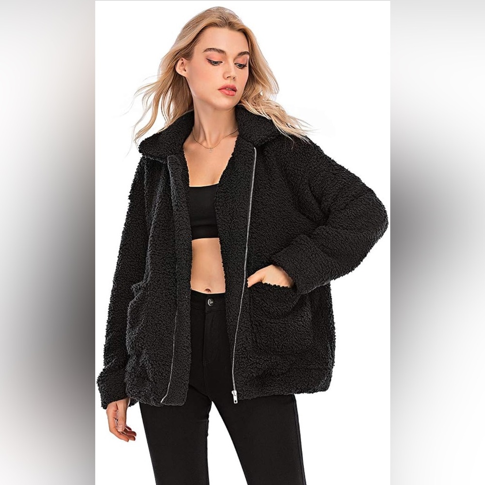 Casual Fleece Fuzzy Faux Shearling Warm Oversized Outwear Jacket Shaggy Coat - Picture 5 of 10